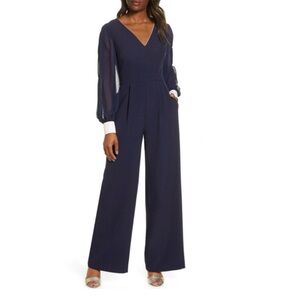Harper Rose Georgette Jumpsuit Size 8 Navy Blue Wide Leg Crepe Long Sleeve Party